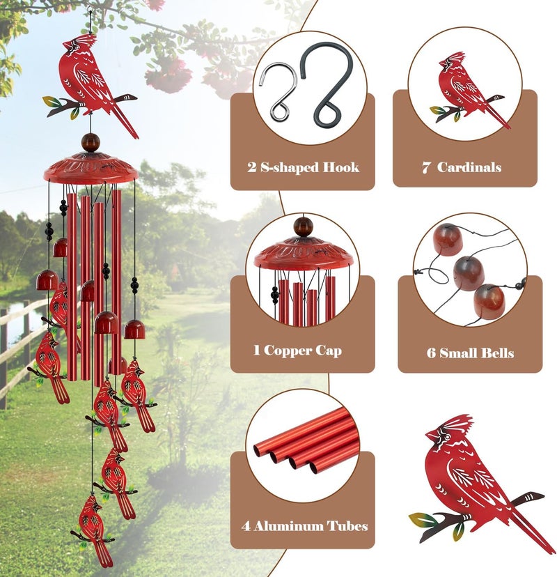 Howarmer for Women Cardinal Wind Chimes for Outside, 35'' Metal Cardinal WindChimes Gifts for Women/Men, Decoration for Outdoor, Home, Garden, Patio, Backyard - Image 3
